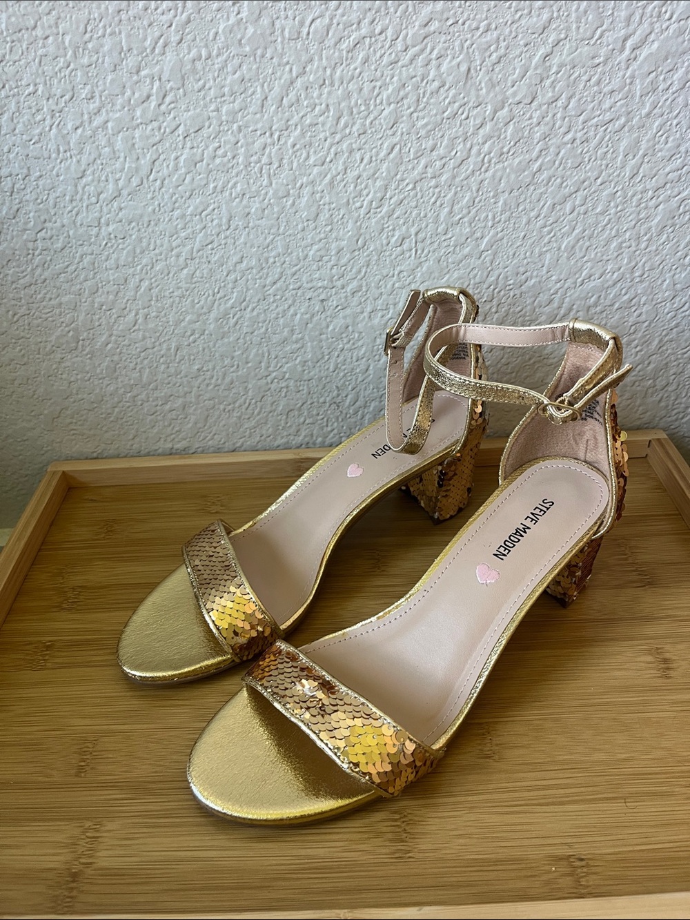Steve Madden Gold Sequin Block Heel Sandals with Ankle Strap